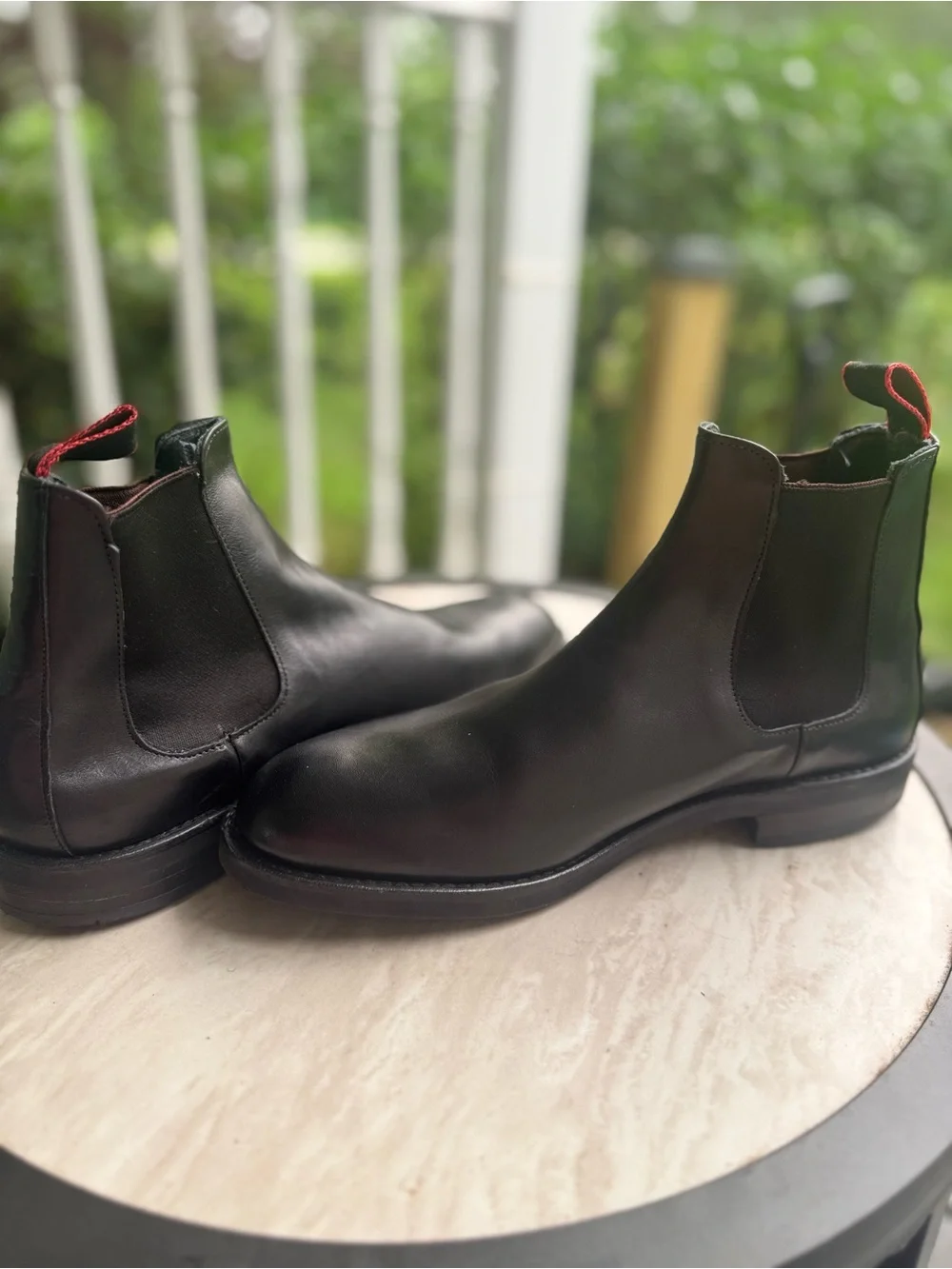 Allen Edmonds Black Leather Nomad Chelsea Boots with Red Heel Pull